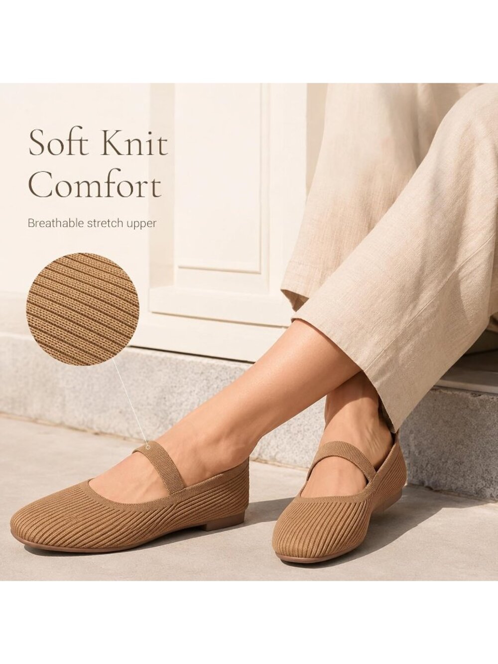 Women's Brown Mesh Comfortable Elastic Strap Casual Square Toe Ballet Flat Shoes - Picture 6 of 6